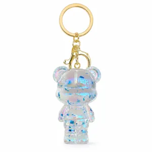 Cute holographic acrylic bear keychain with gold hardware, perfect crystal bag pendant accessory.