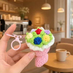 Portachiavi bouquet di rose all'uncinetto fatto a mano, grazioso ciondolo in maglia borsa.