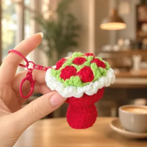 Portachiavi a bouquet di rose all'uncinetto fatto a mano, ciondolo borsa lavorato.