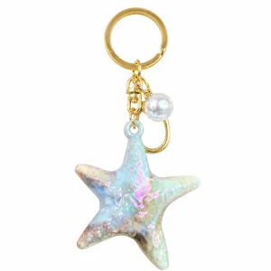 Iridescent starfish keychain with pearl charm, acrylic summer bag pendant for students.