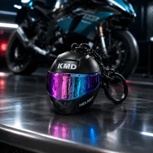 Cool miniature motorcycle helmet keychain with colorful visor and black metal chain detail.