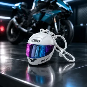 Cool mini motorcycle helmet keychain with colorful visor, 3D pendant gift for bike lovers.