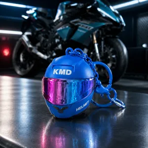 Detailed view of mini motorcycle helmet keychain, 3D iridescent visor, cool biker gift pendant.