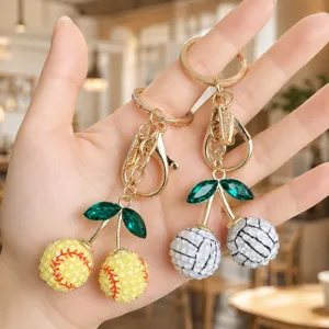 Crystal sports cherry keychain cute baseball volleyball metal bag charm keyring pendant