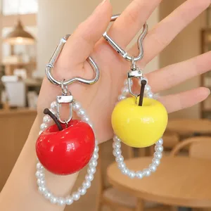 Cute Resin Simulation Apple Fruit Keychain Fresh Artificial Pearl Bead Strand Bag Charm Heart Clasp Car Key Ring Decorative Pendant Teacher Day Gift