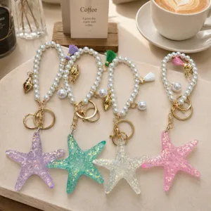 Summer beach style resin starfish pearl keychain and wristlet set, cute bag charm pendant.