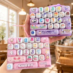 Close-up detail of cute cartoon keyboard keychain, decompression toy bag pendant.