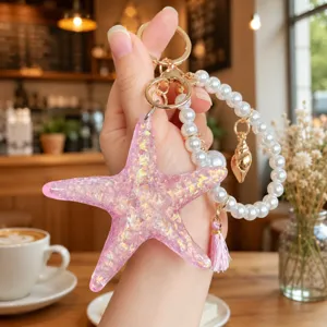 Chic resin starfish pearl keychain summer ocean style cute bag charm wristlet accessory gift