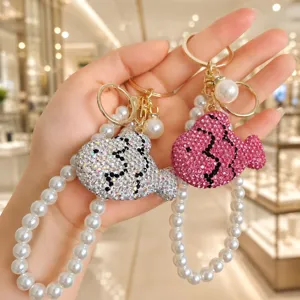 Rhinestone fish keychain pearl strap cute bag charm sparkling crystal accessory for women gifts