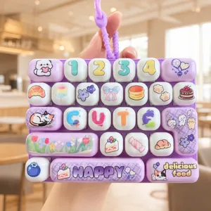 Cute decompression keyboard keychain, purple toy grid key bag pendant for students and kids.