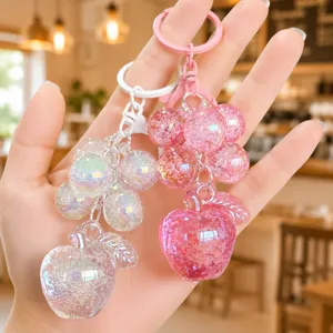 Sparkling crystal bubble grape and apple keychain, cute bag charm gift for women and couples.