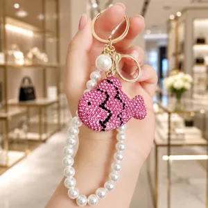 Summer Korean style rhinestone fish keychain with pearl strap luxury bag charm cute accessory gift.