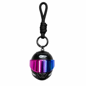 Mini motorcycle helmet keychain with colorful visor and black lanyard for bags and keys.