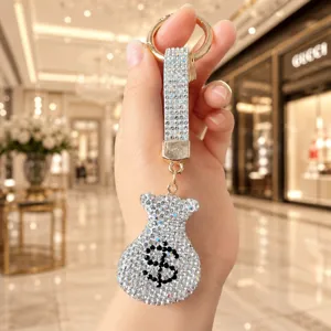 Porte-clés sac d'argent en strass, pendentif de clé de voiture signe dollar luxueux.