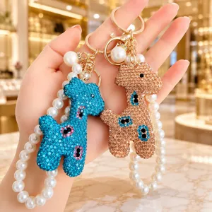 Crystal Rhinestone Giraffe Keychain Pearl Strap Cute Bag Charm Luxury Handbag Pendant