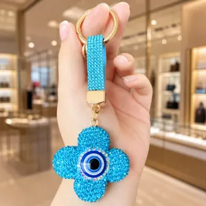 Porte-clés trèfle œil maléfique strass scintillant élégant Pendentif sac bleu luxueux