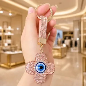 Porte-clés trèfle œil maléfique strass rose breloque sac luxe cristal porte-clés cadeau