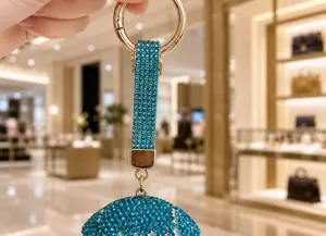 Vue détaillée d'un porte-clés rugby de luxe en strass, charm étincelant pour sac de sport cristaux.