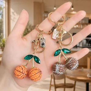 Rhinestone Sports Ball Cherry Keychain Luxury Glitter Crystal Soccer Basketball Charm Car Keyring Handbag Pendant Decoration Gift