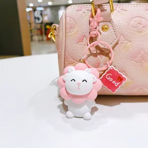 Cute resin sheep keychain pink floral plush doll bag charm cute car key ring gift accessory.