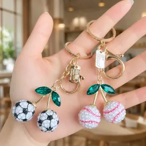 Cute crystal football baseball cherry keychain metal bag charm car key ring pendant