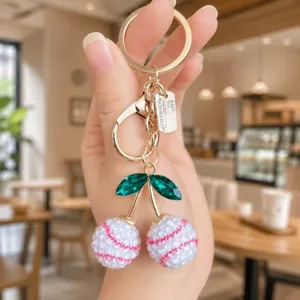 Rhinestone baseball cherry keychain cute bag charm luxury style metal car key ring pendant