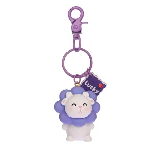 Cute resin sheep keychain with purple flower design, perfect bag charm and car key ring accessory.