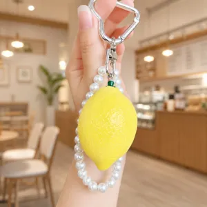 Cute lemon keychain with pearl strap resin fruit pendant aesthetic bag charm accessory