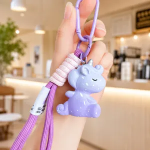 Purple gradient resin unicorn keychain with woven lanyard, cute bag phone charm gift.