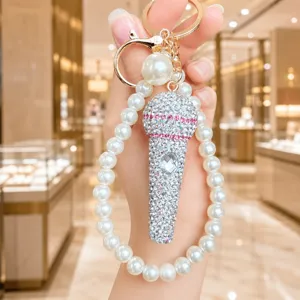 Bling strass microfoon sleutelhanger met parelband luxe tas hanger accessoire