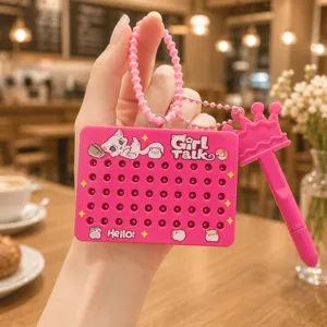 Pink magnetic steel bead drawing board keychain, cute cartoon doodle toy pendant for kids decompression.