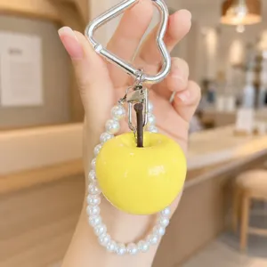 Cute yellow resin apple keychain with pearl strap and heart carabiner accessory gift