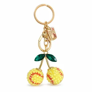 Sparkling crystal softball cherry keychain gold metal bag charm cute car key ring pendant gift