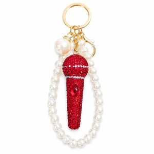Stralende strass microfoon sleutelhanger met witte parelketting voor tas accessoire
