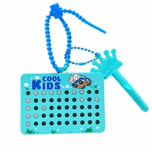 Blue magnetic steel bead drawing board keychain toy with cute cartoon rabbit design for kids.