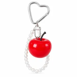 Chic simulation red apple keychain featuring pearl chain and heart metal clasp accessory.