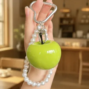 Cute Green Apple Pearl Keychain Fruit Bag Pendant with Shiny Silver Heart Carabiner