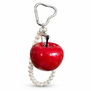 Cute resin red apple beaded keychain with pearl hand strap and heart metal clasp for bag car