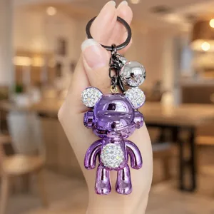 Portachiavi orsetto strass elettroplaccato viola, ciondolo brillante per borse e chiavi auto.