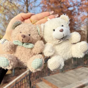 Cute Plaid Bowknot Teddy Bear Plush Keychain Pendant Soft Stuffed Bear Toy Charm Bag Hanging Ornament For Backpack