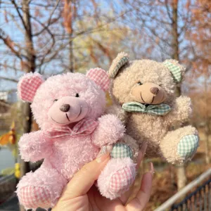Cute plaid bow teddy bear keychain plush doll pendant for schoolbag and bag decoration.