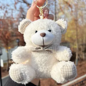 Cute bow tie teddy bear keychain plush doll pendant for schoolbag or keys, fluffy soft toy.