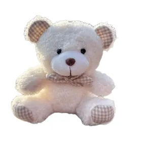 Cute curly teddy bear plush toy with plaid bow, soft stuffed animal bag charm keychain.