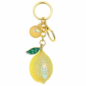 Cute lemon keychain bag charm with acrylic jelly fruit design, golden metal ring accessories.