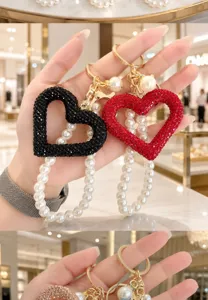 Handcrafted rhinestone heart keychain with pearl strap chic luxury bag charm accessory