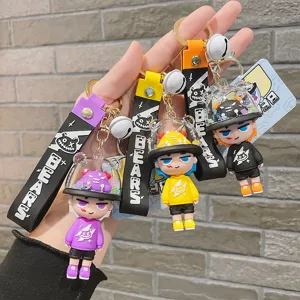 Trendy Quirky Monster PVC Figurine Keychain With Liquid Quicksand Helmet Letters Printed Webbing Lanyard Bell Creative Cartoon Toy Car Backpack Pendant Charm Ornament For Teens