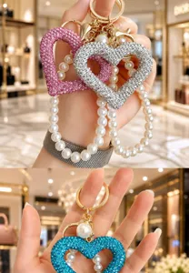 Korean style rhinestone hollow heart keychain with handmade pearls sparkling bag pendant accessory