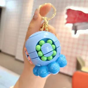 Blue Rotating Magic Bean Puzzle Keychain Decompression Fidget Toy Bag Pendant Charm