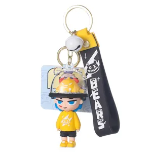 Cute cartoon character keychain with yellow hoodie and clear cover, stylish bag pendant accessory.