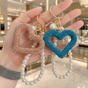 Korean style rhinestone hollow heart keychain handmade shiny pearl peach heart bag charm